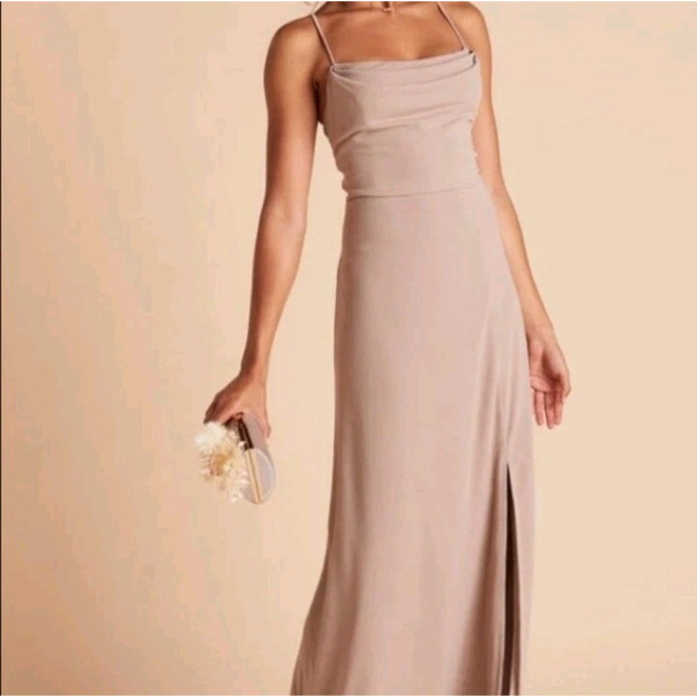 BIRDY GREY Ash Crepe Long Maxi Formal Dress Taupe With Slit Size Small NWOT